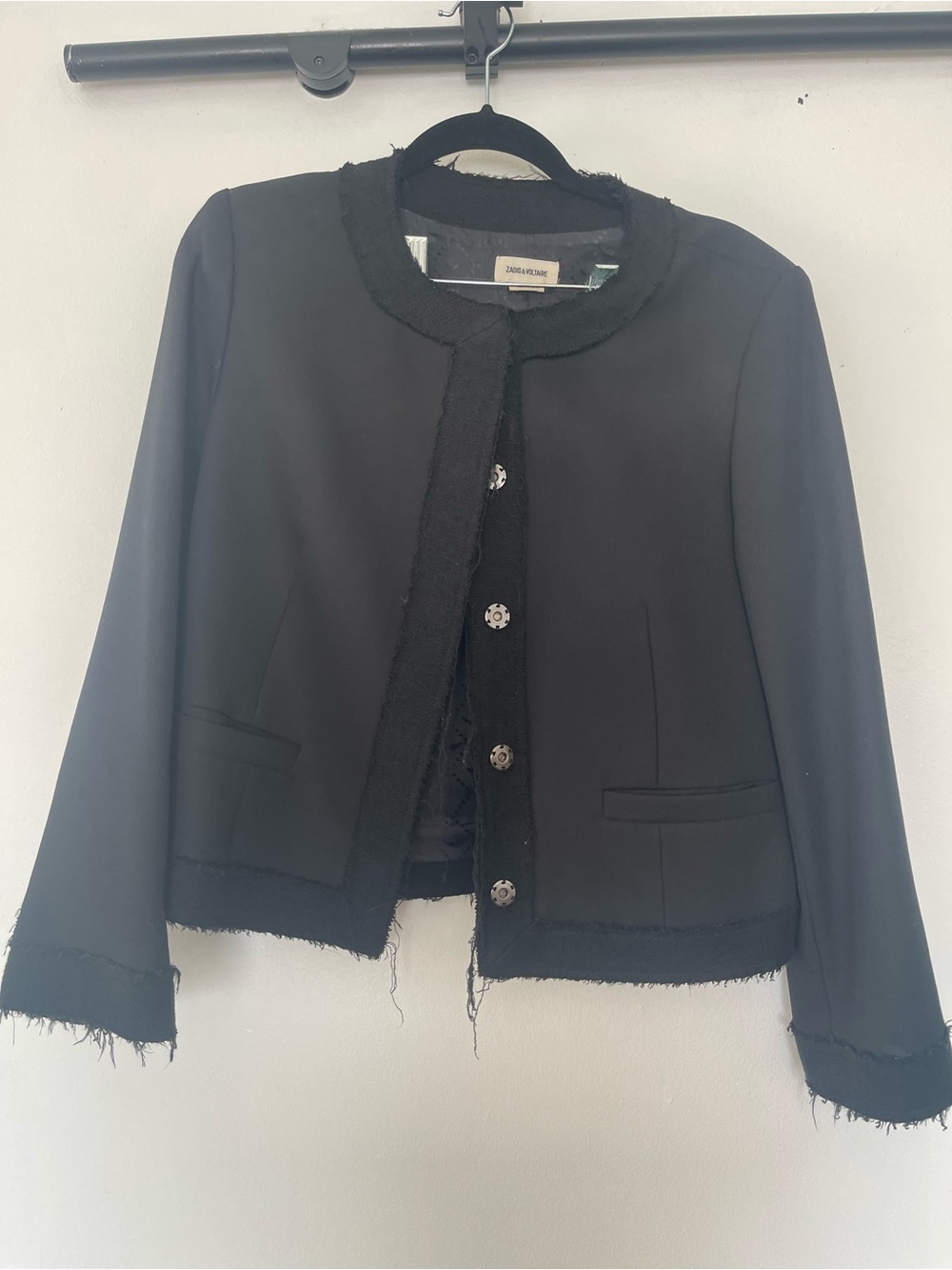 Zadig & Voltaire Black Frayed-Trim Cropped Blazer